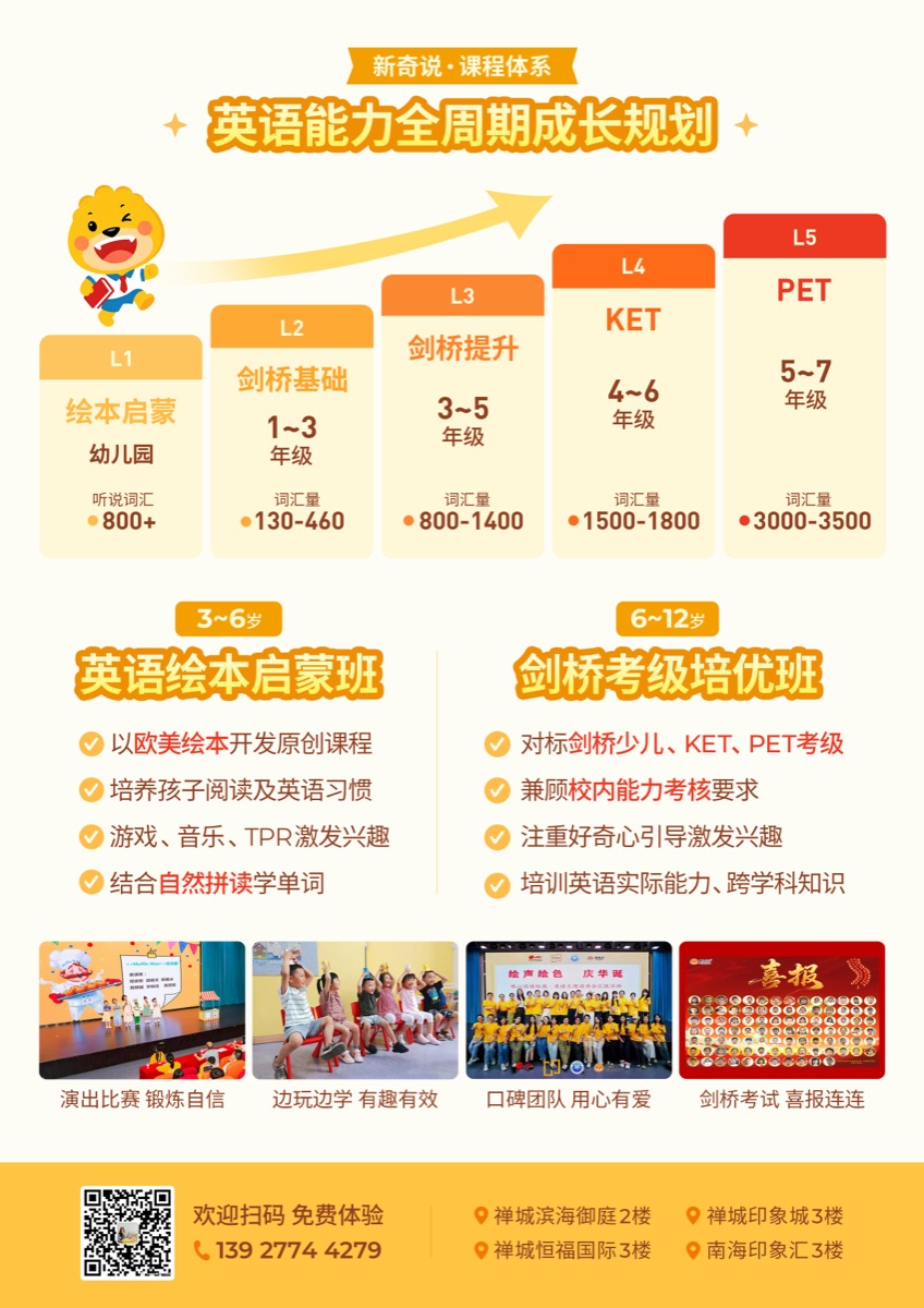 新奇说课程体系：英语能力全周期成长规划，从绘本启蒙L1到剑桥PET考级L5